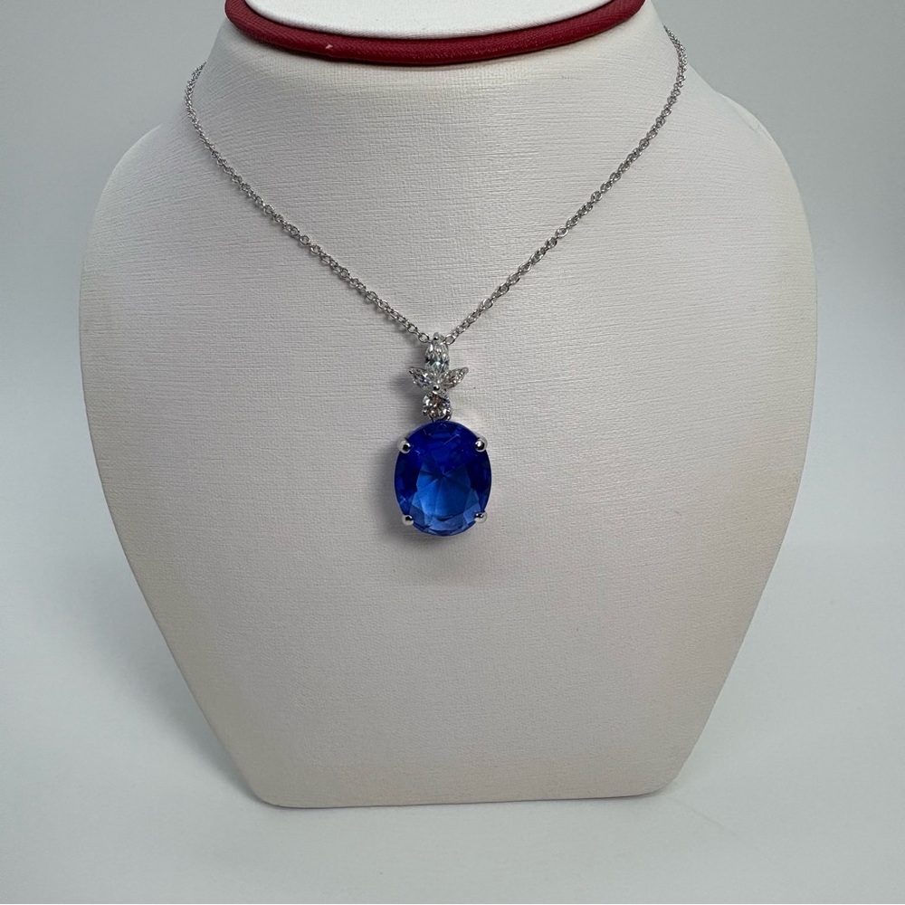Blue Crystal Cubic Zirconia Silver Tone Necklace And Earrings Set